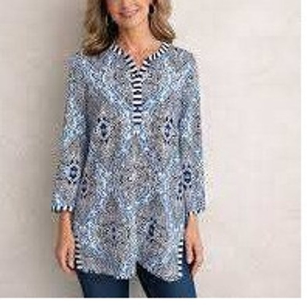 J. McLaughlin Catalina Cloth Paisley Tunic Top Blue White 3/4 Sleeve Medium